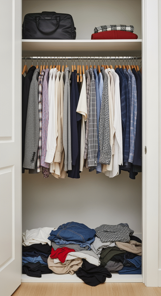 Une penderie de petite chambre avec des vêtements serrés sur une seule tringle et une pile de linge en bas, illustrant le manque d'espace.