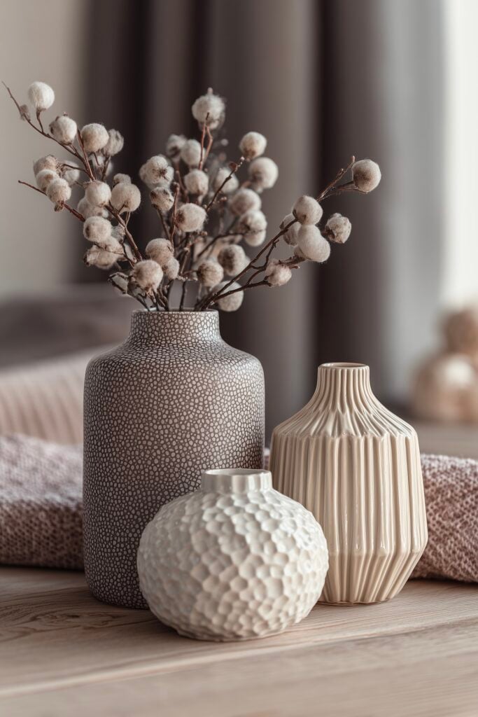 vases textures fleurs séchées décoration douce