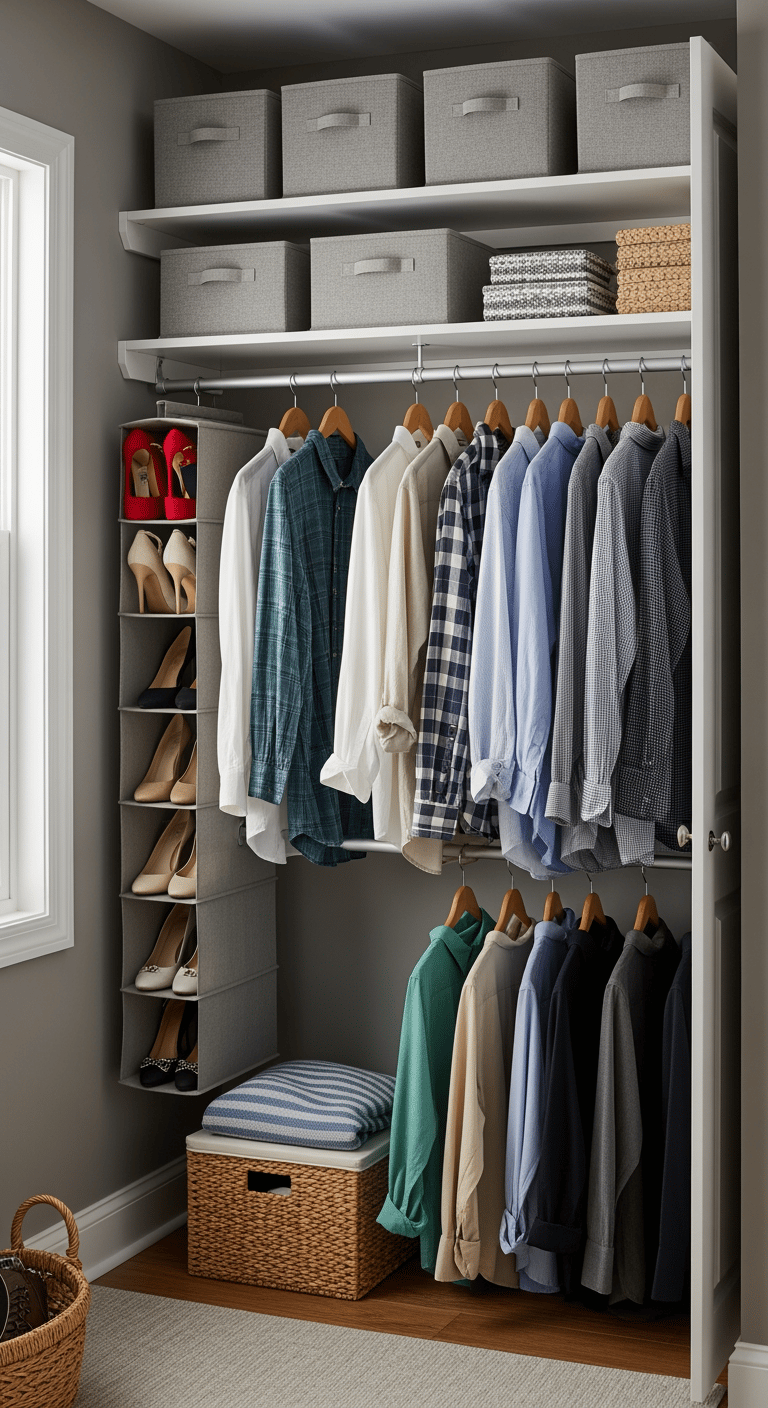 Vue finale d'une penderie optimisée, montrant l'utilisation de chaque espace avec des solutions de rangement verticales et des boîtes.