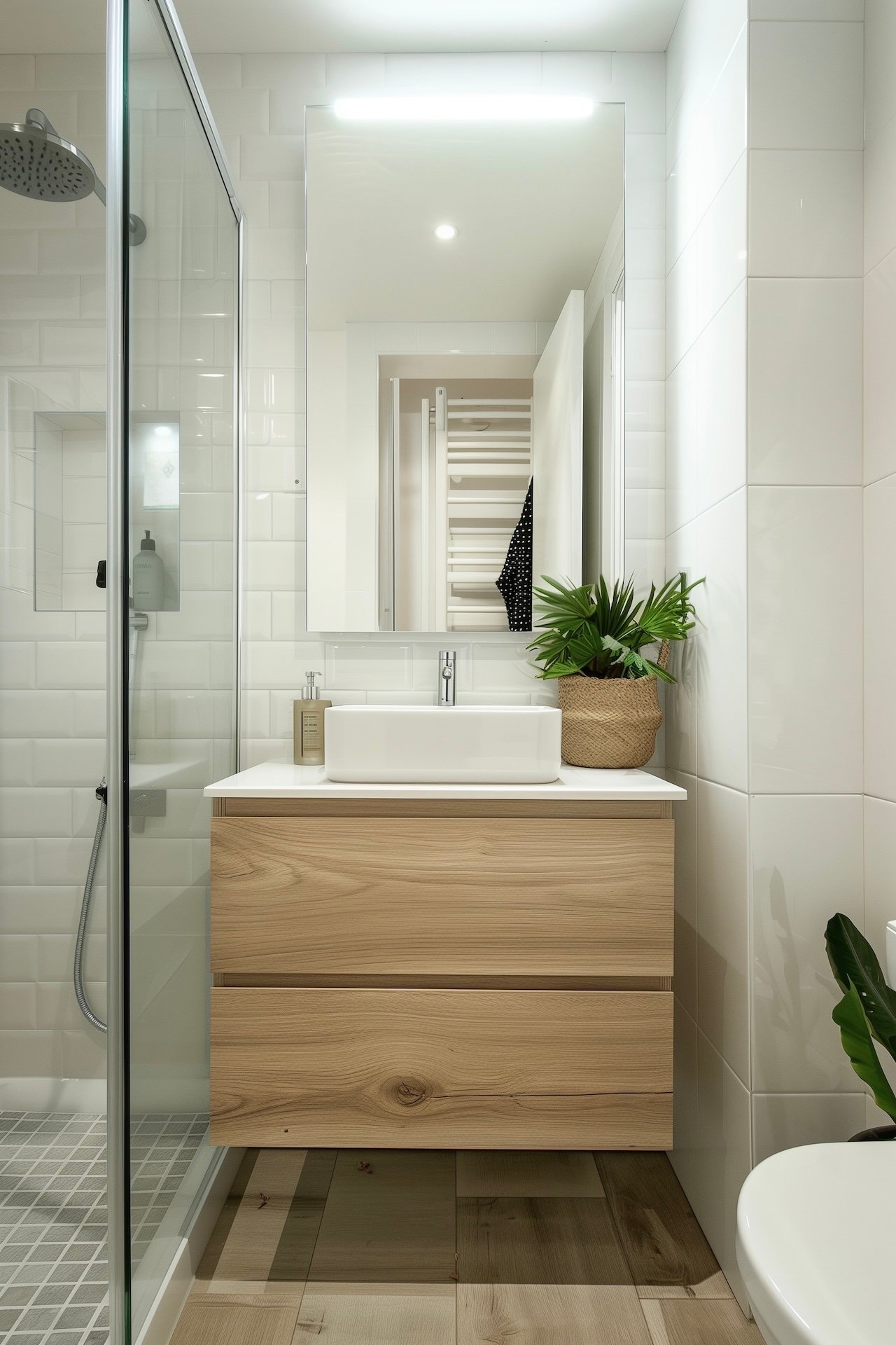 agencement petite salle de douche bois blanche compacte