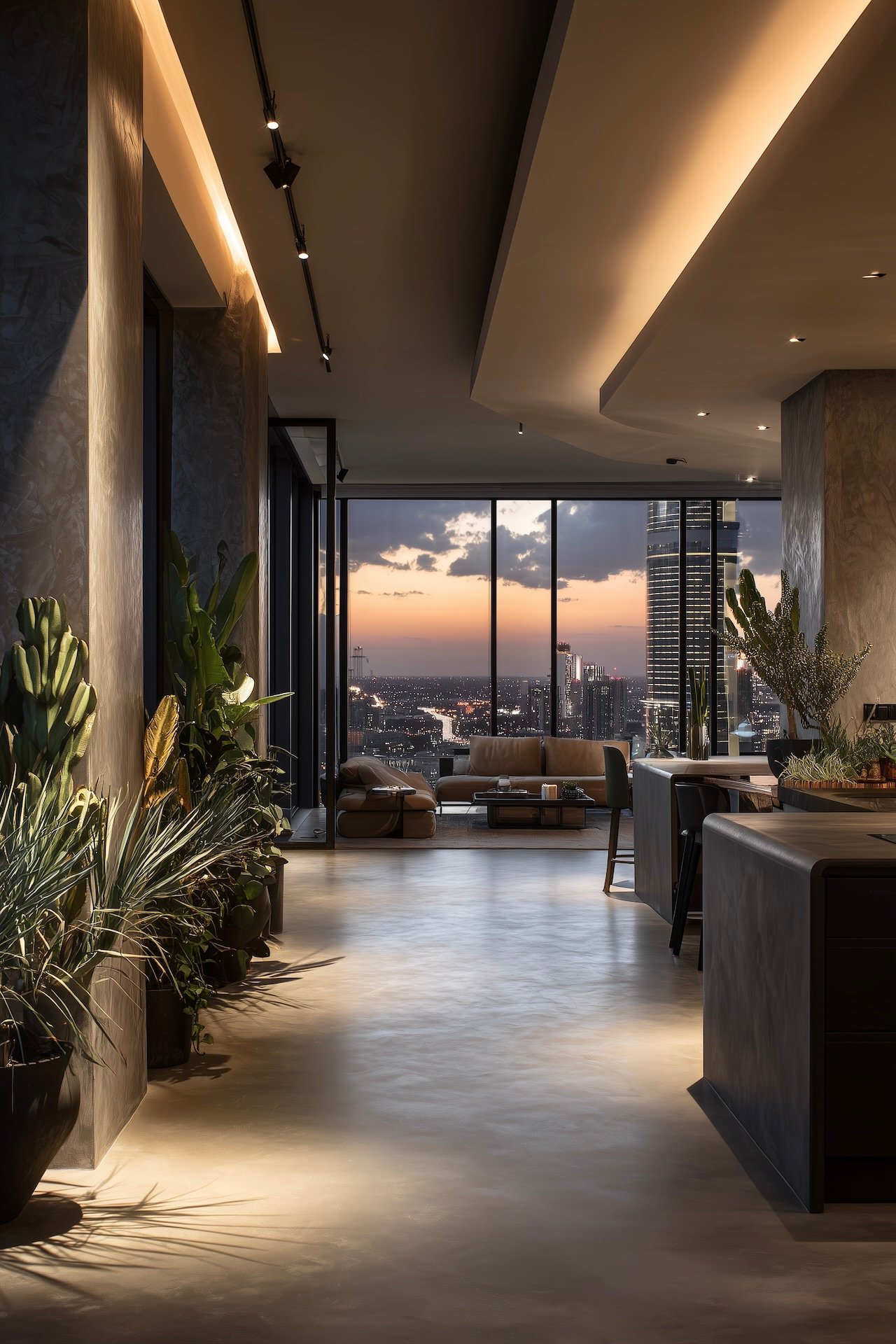 Appartement open space avec sol continu en microciment du salon à la cuisine, baies vitrées sur skyline urbain au coucher du soleil et éclairage architectural