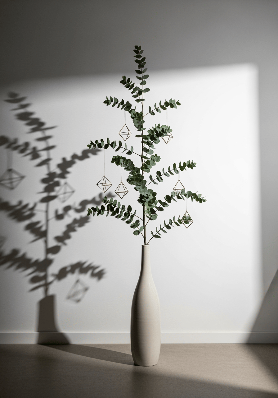Arbre de Pâques moderne et minimaliste : une seule branche d'eucalyptus dans un grand vase avec quelques décorations géométriques en laiton.
