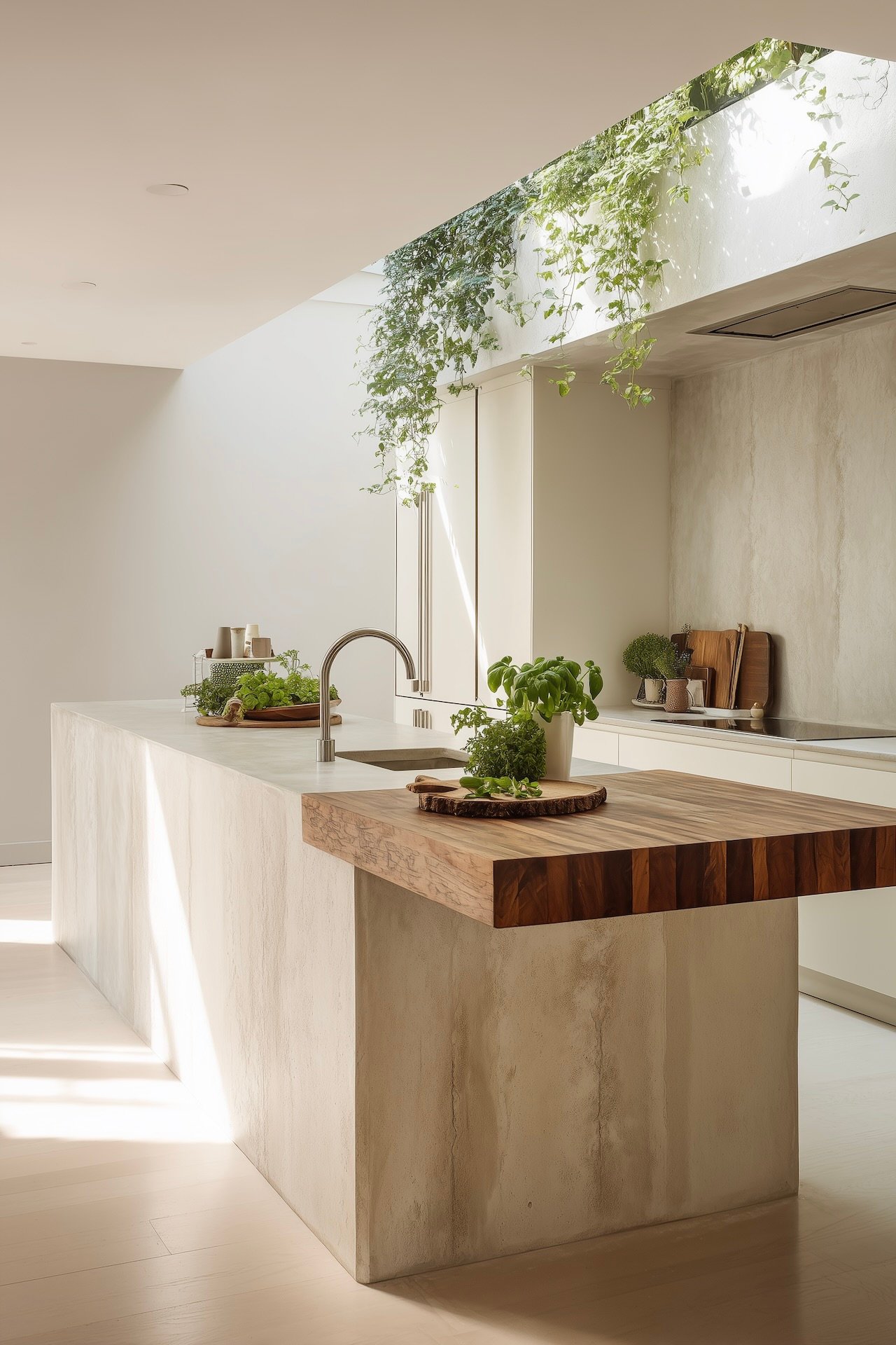 Îlot de cuisine en microciment blanc cassé avec détail cascade et plan de découpe en bois massif, herbes aromatiques et puits de lumière zénithal