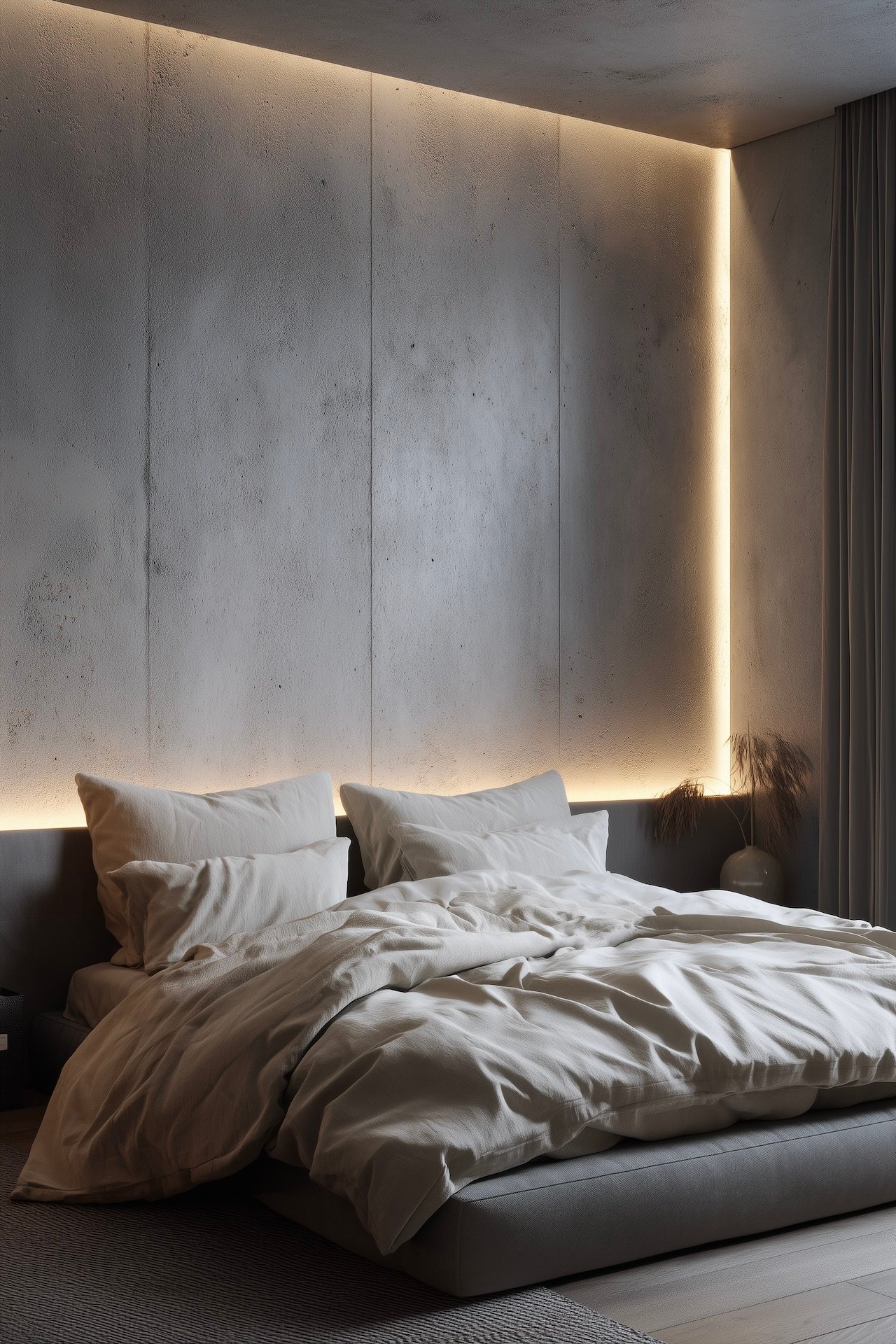 Chambre minimaliste avec mur d'accent en béton minéral gris clair, lit flottant, linge de lit en lin et éclairage LED indirect