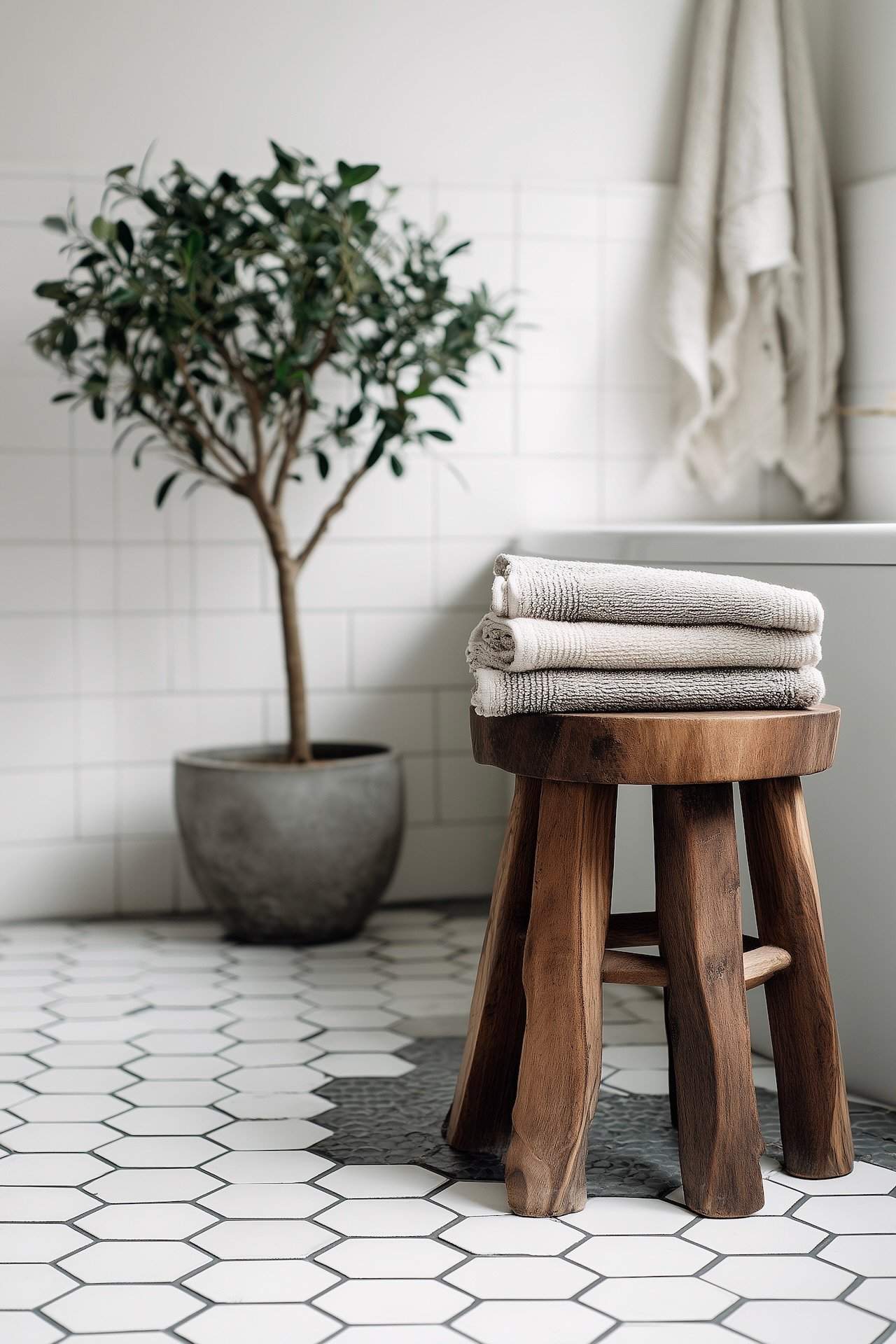 Carrelage hexagonal blanc au sol d'une salle de bain style scandinave avec tabouret en bois brut et plante verte