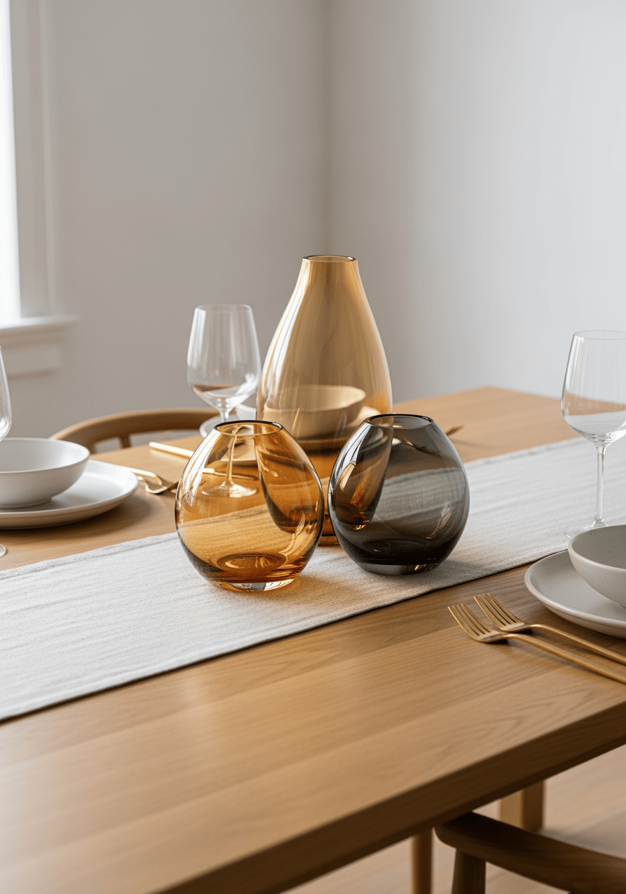 Centre de table de Pâques moderne sur une table en bois, composé de bougeoirs en verre teinté et d'un chemin de table en lin.