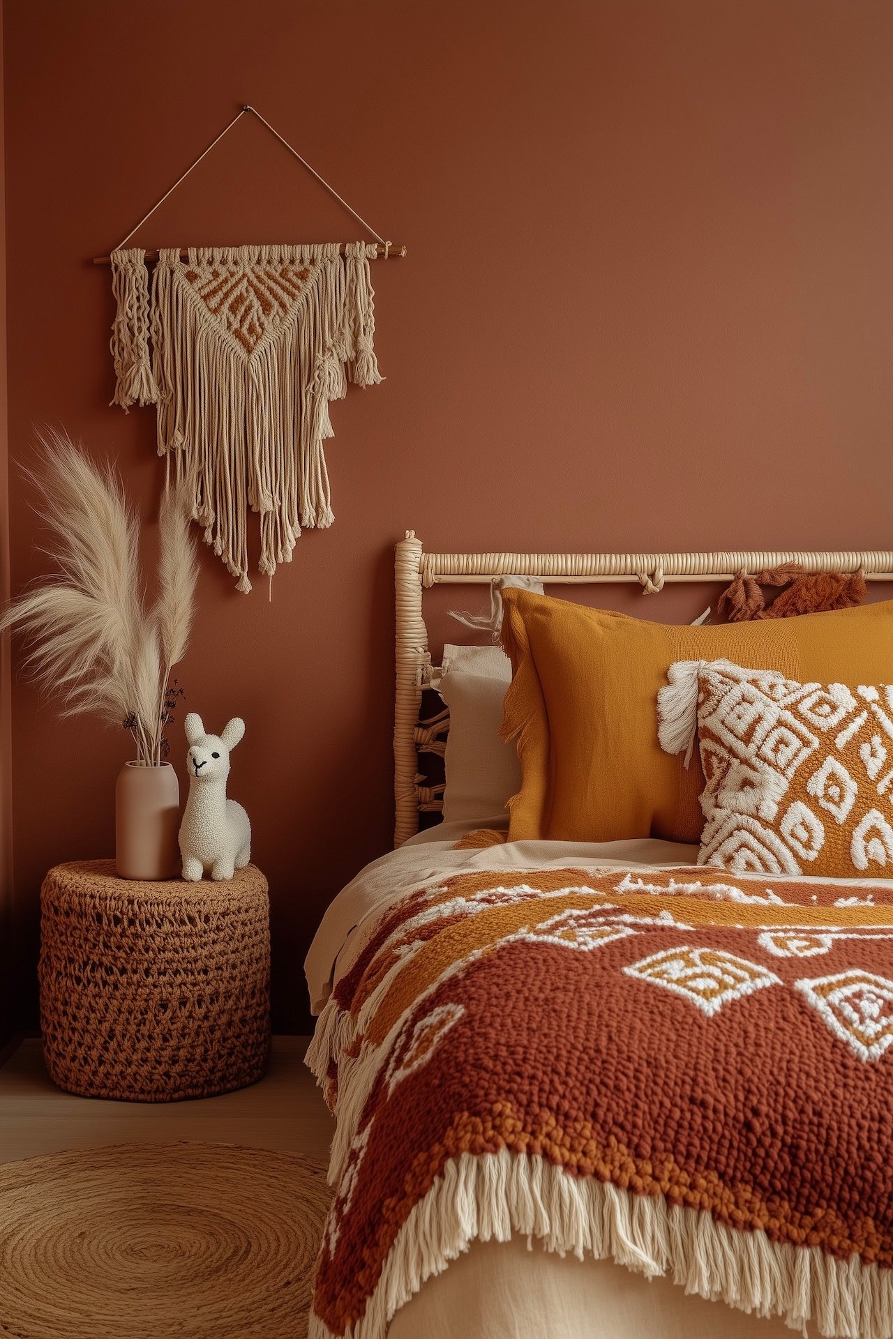 chambre bohème ethnique mur terracotta macramé lama peluche