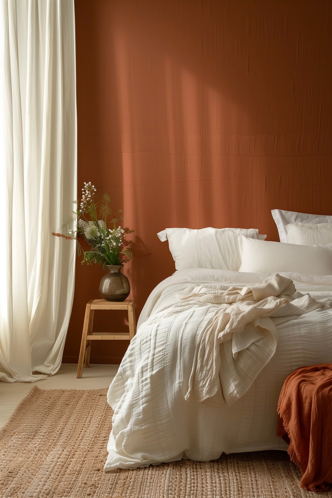 chambre mur accent terracotta literie blanche déco naturelle