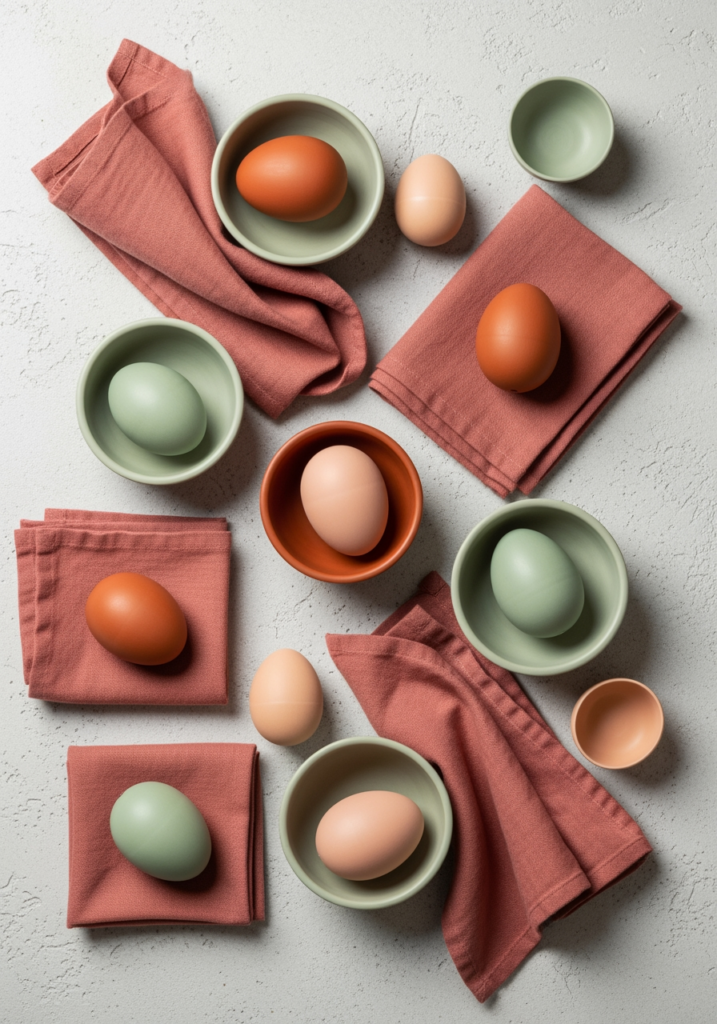 Composition d'objets de Pâques aux couleurs tendances 2026 : œufs en céramique terracotta et vert sauge avec du linge de maison rose poudré.