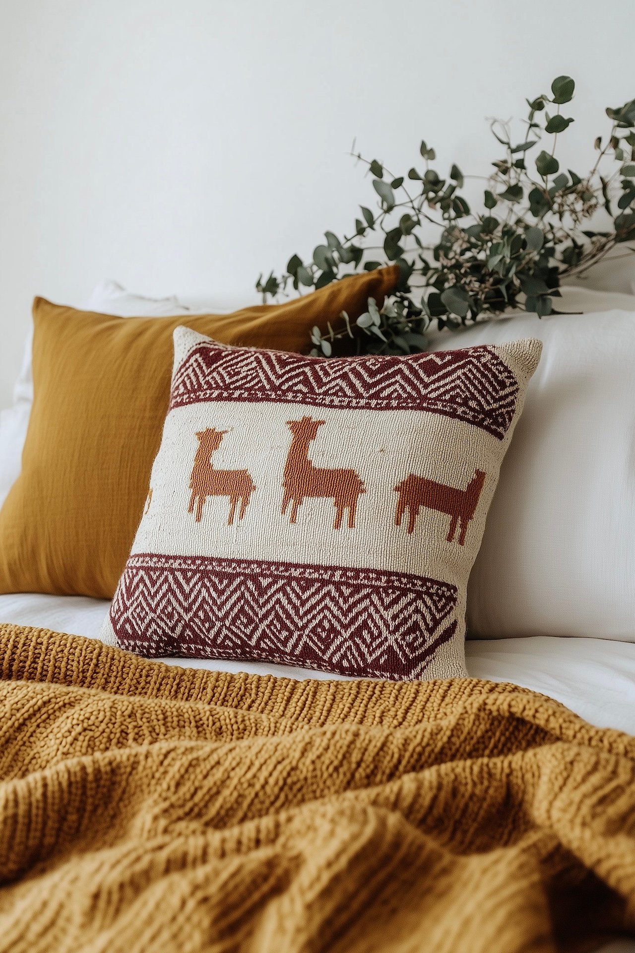 Coussin tissé à motifs géométriques incas avec silhouettes de lamas en ocre et bordeaux sur fond écru, posé sur un lit avec taie moutarde, plaid en grosse maille moutarde et branche d'eucalyptus séchée, ambiance chaleureuse aux tons andins