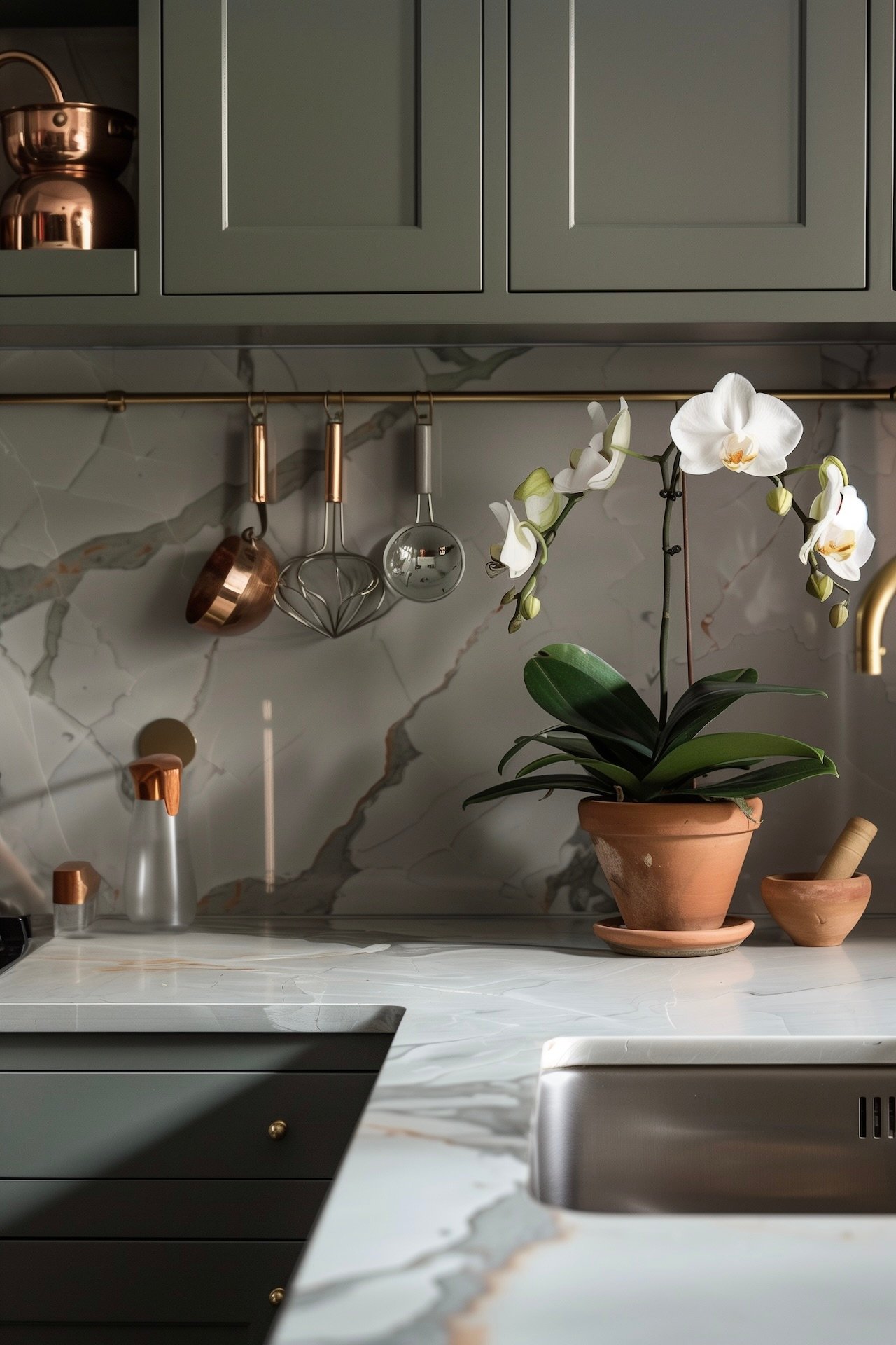 cuisine vert sauge eucalyptus marbre blanc or