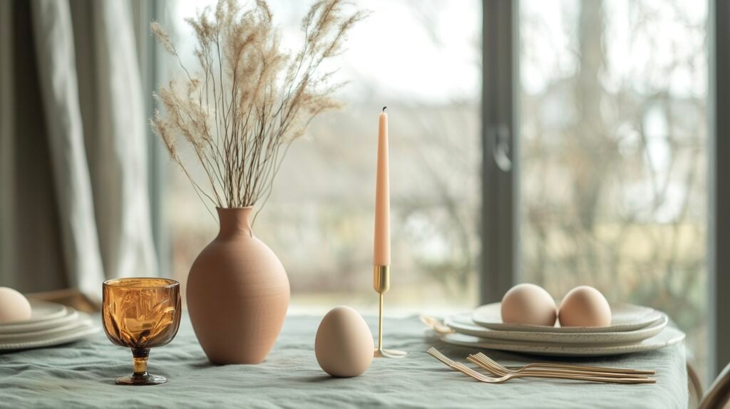déco de Pâques originale table minimaliste vase terre oeufs lin