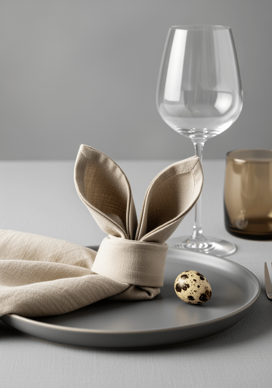 Détail d'une table de Pâques : une serviette en lin pliée en forme d'oreilles de lapin sur une assiette en céramique grise.