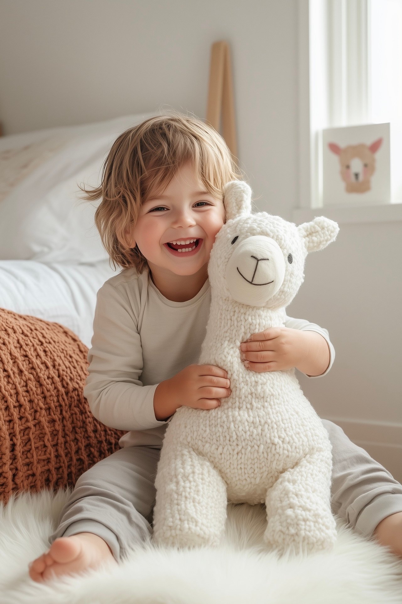 enfant riant peluche lama tricotée chambre lumière naturelle