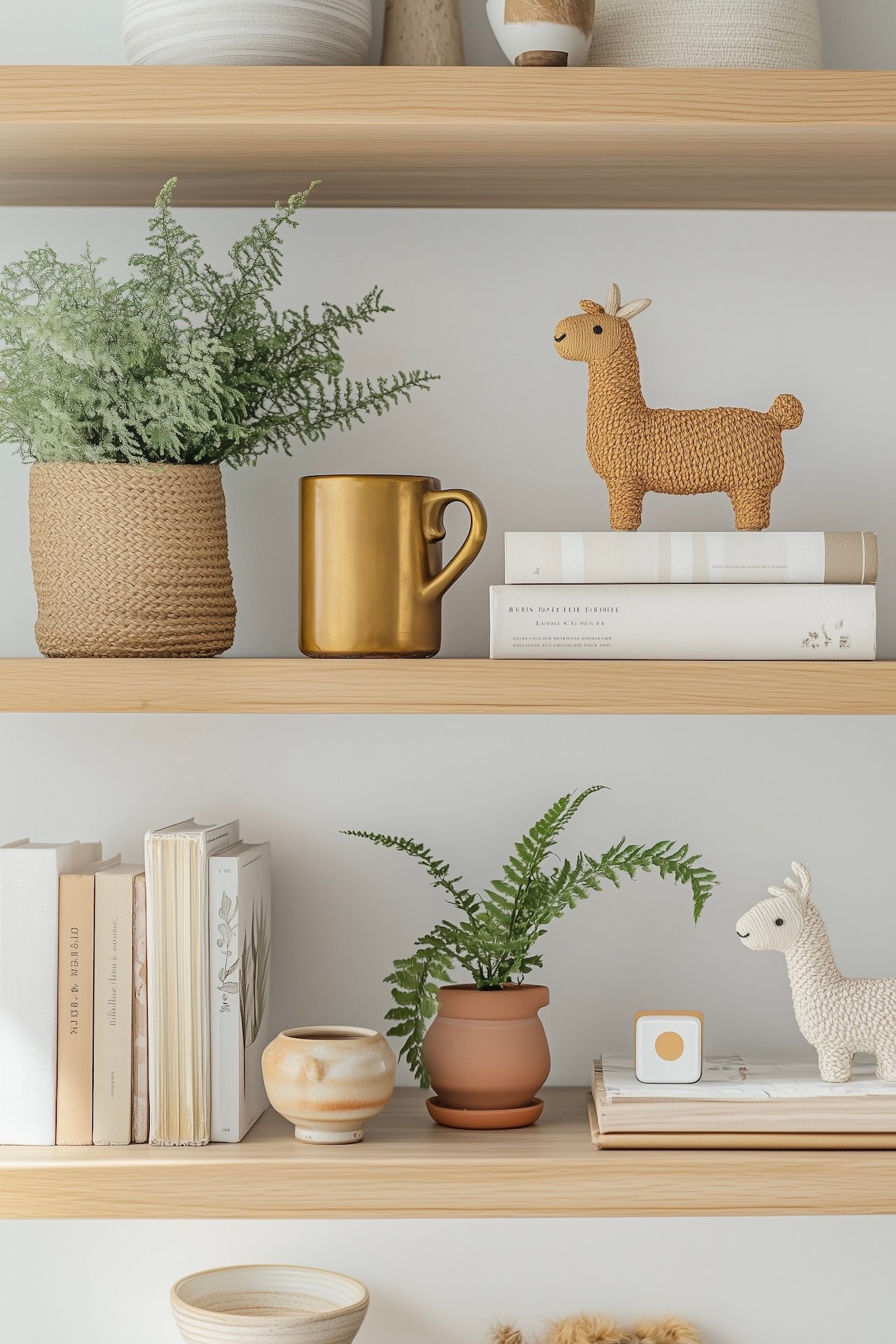 Étagères ouvertes en bois clair avec une sélection d'objets déco lama : figurine en raphia tressé sur la première étagère, mug doré, plante en pot tressé, figurine lama en céramique blanche sur la seconde étagère avec livres, fougère en pot terracotta et petit vase artisanal