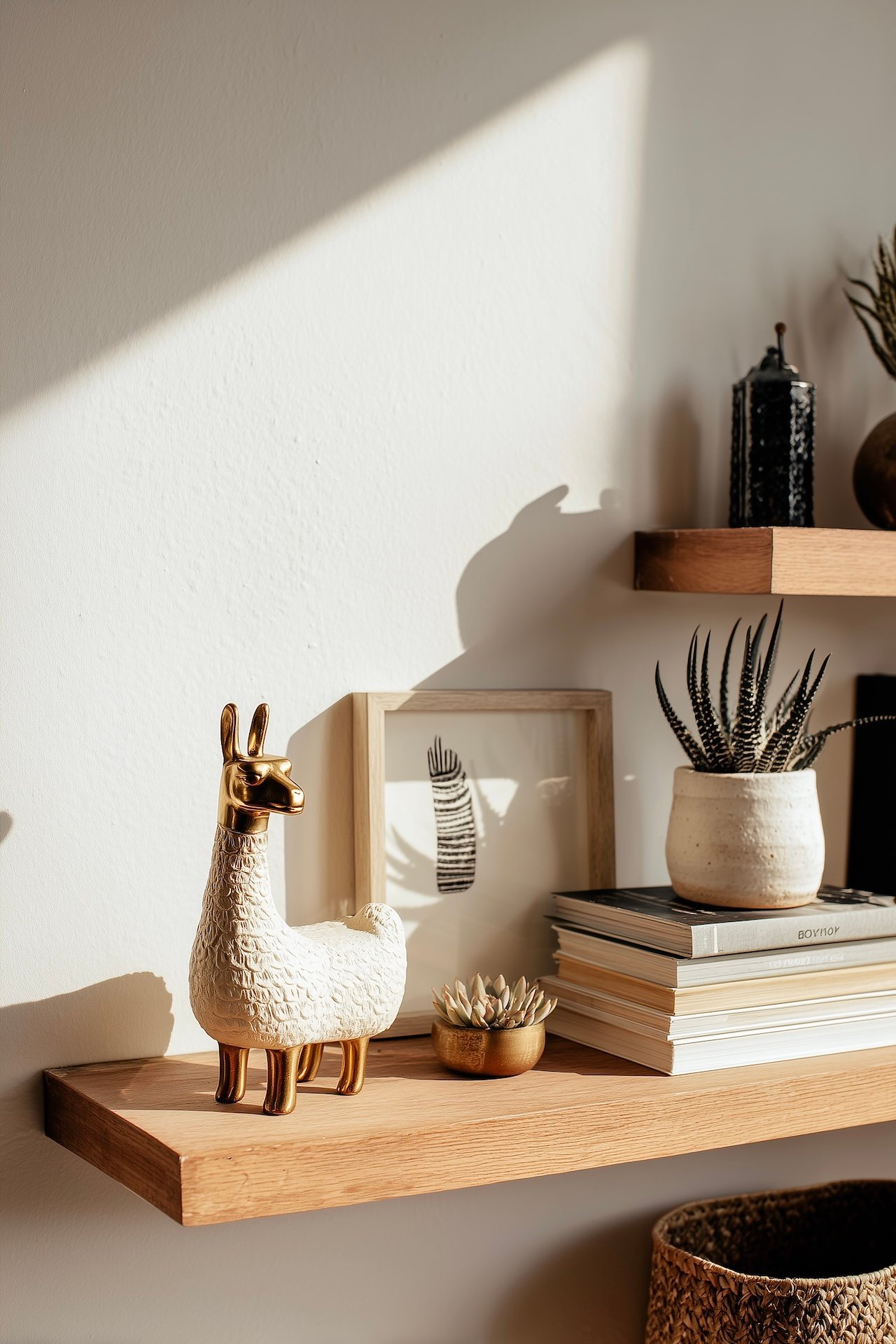 figurine lama céramique laiton étagère bois succulentes