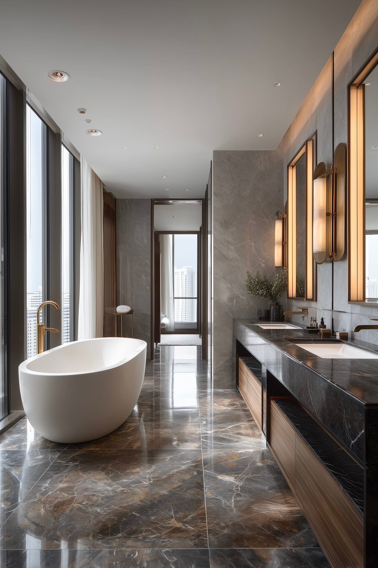 Grande salle de bain de luxe avec dalles XXL en marbre gris poli au sol, baignoire îlot blanche et double vasque encastrée, style suite hôtelière