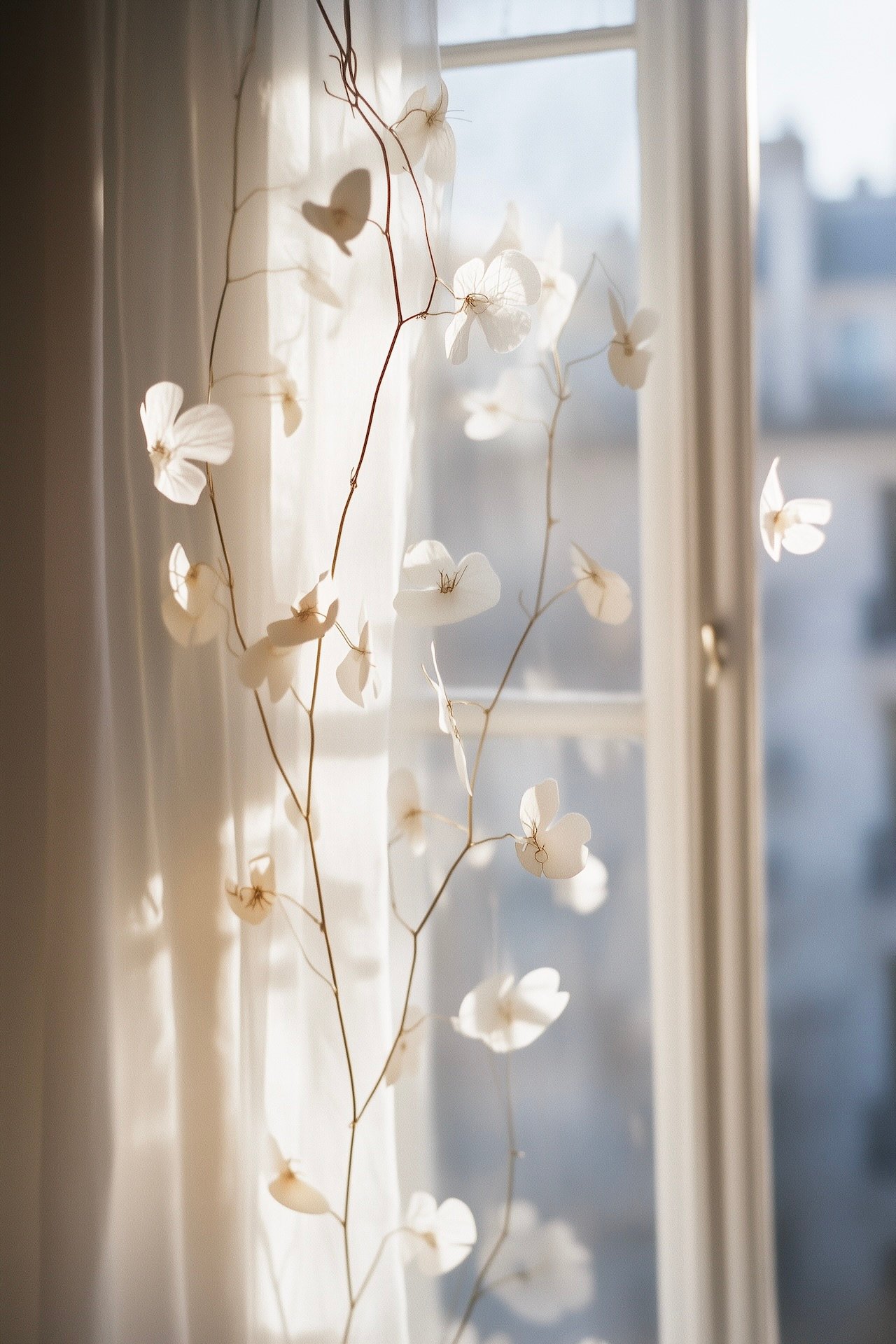 guirlande fleurs papier blanche printemps fenêtre délicates lumière