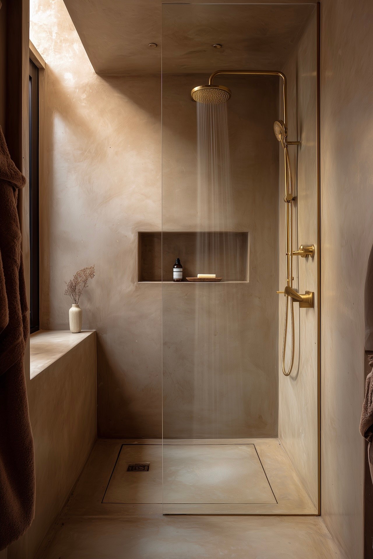 Douche à l'italienne entièrement revêtue de microciment teinte taupe, paroi vitrée sans cadre et robinetterie laiton doré