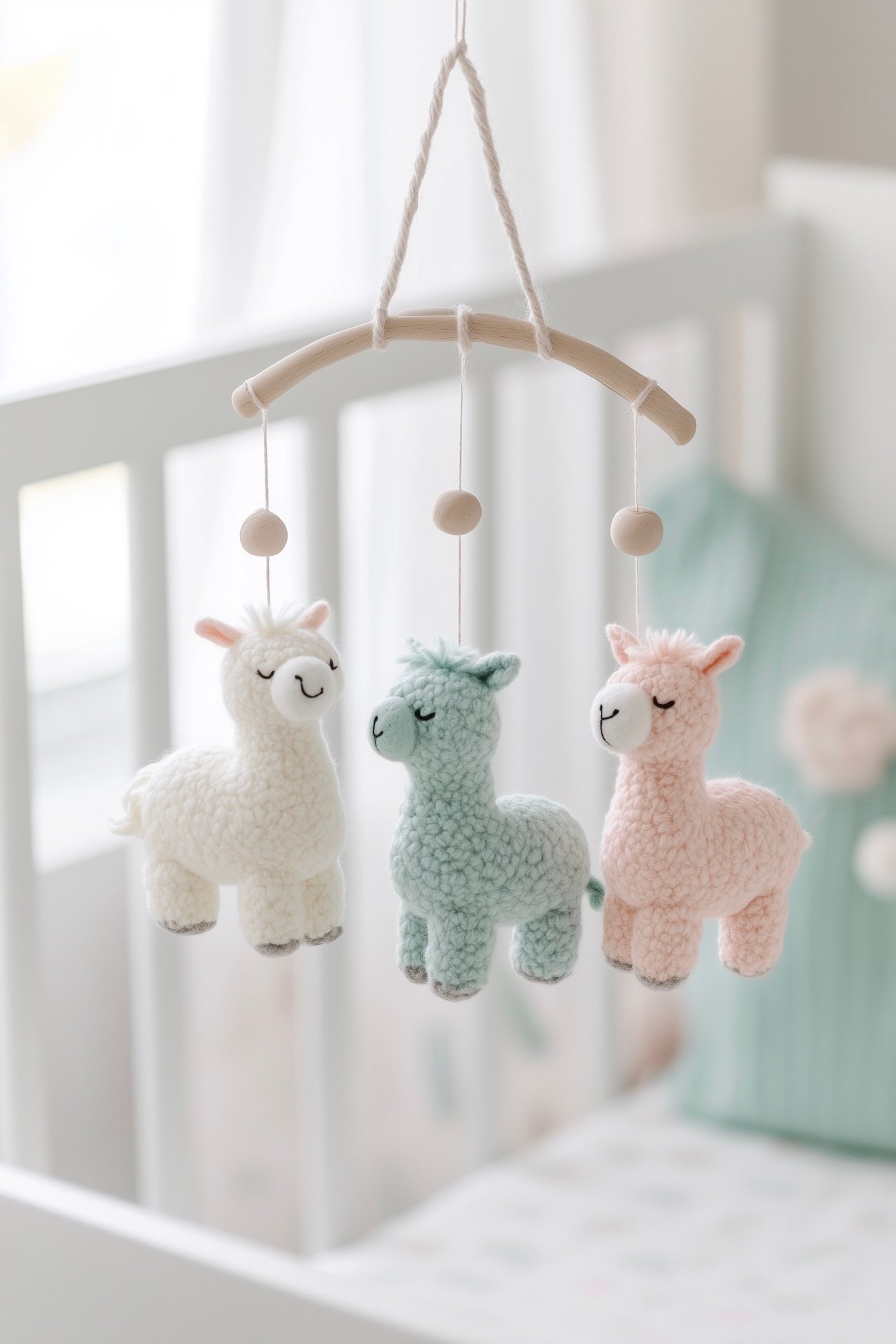 mobile lama crochet pastel blanc mint rose berceau bébé