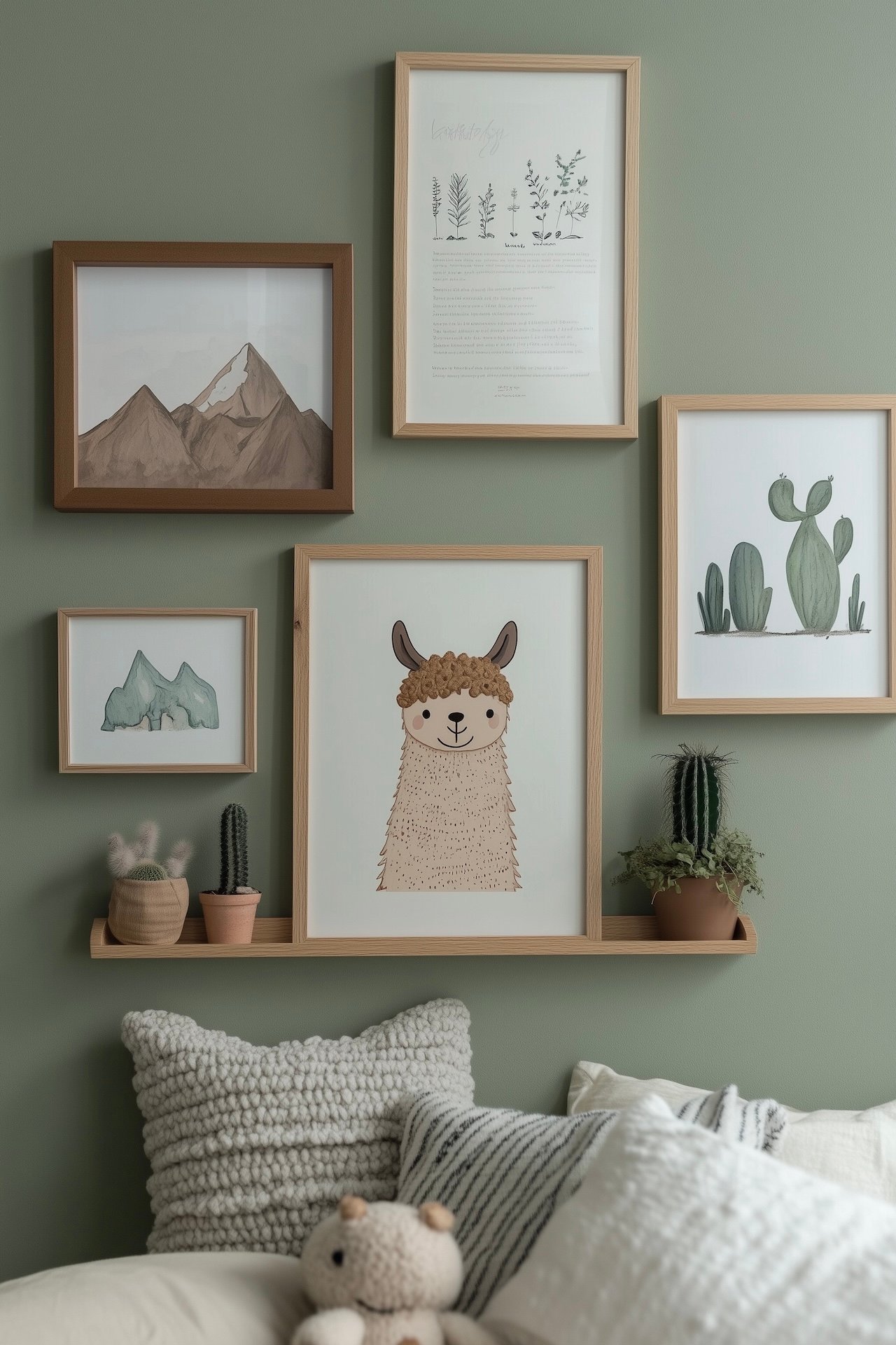 Mur galerie sur fond vert sauge dans une chambre d'enfant avec cinq cadres en chêne et bois foncé disposés de façon asymétrique, illustration centrale d'un lama souriant, entourée d'aquarelles de montagnes, de cactus et d'une planche botanique, étagère basse avec mini cactus en pot, coussin bouclé et peluche lama