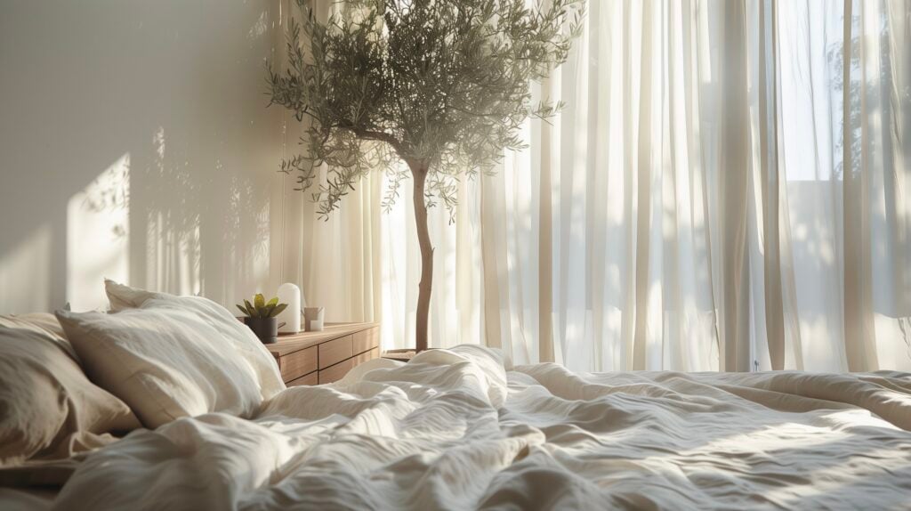 Chambre décorée avec housse de couette en lin sable, table de chevet en bois et lumière naturelle douce, style intérieur français minimaliste