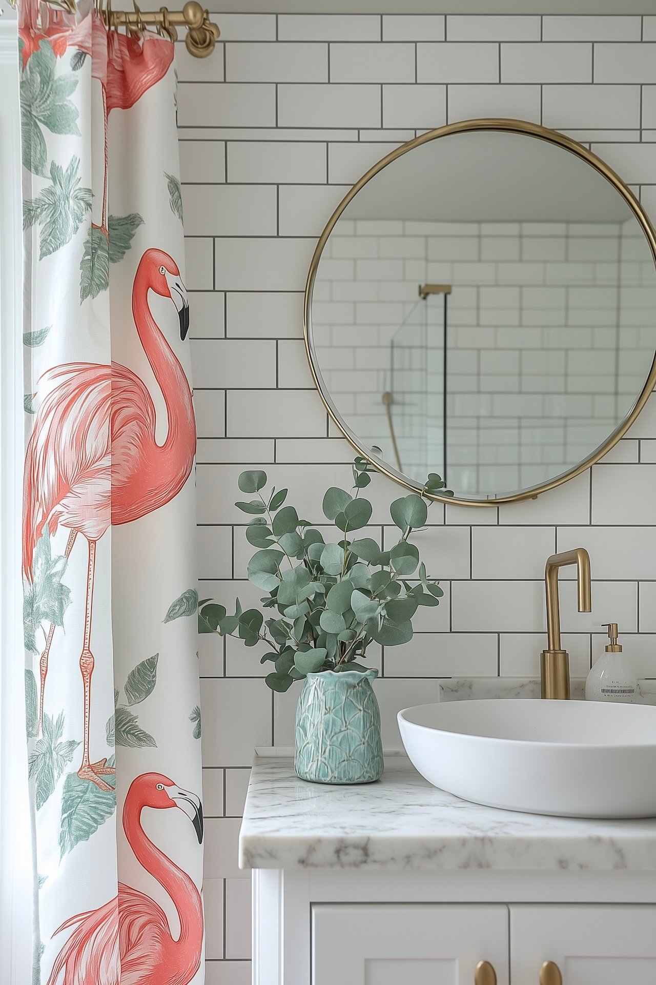 rideaux touche tropical salle de bains rétro blanche dorée