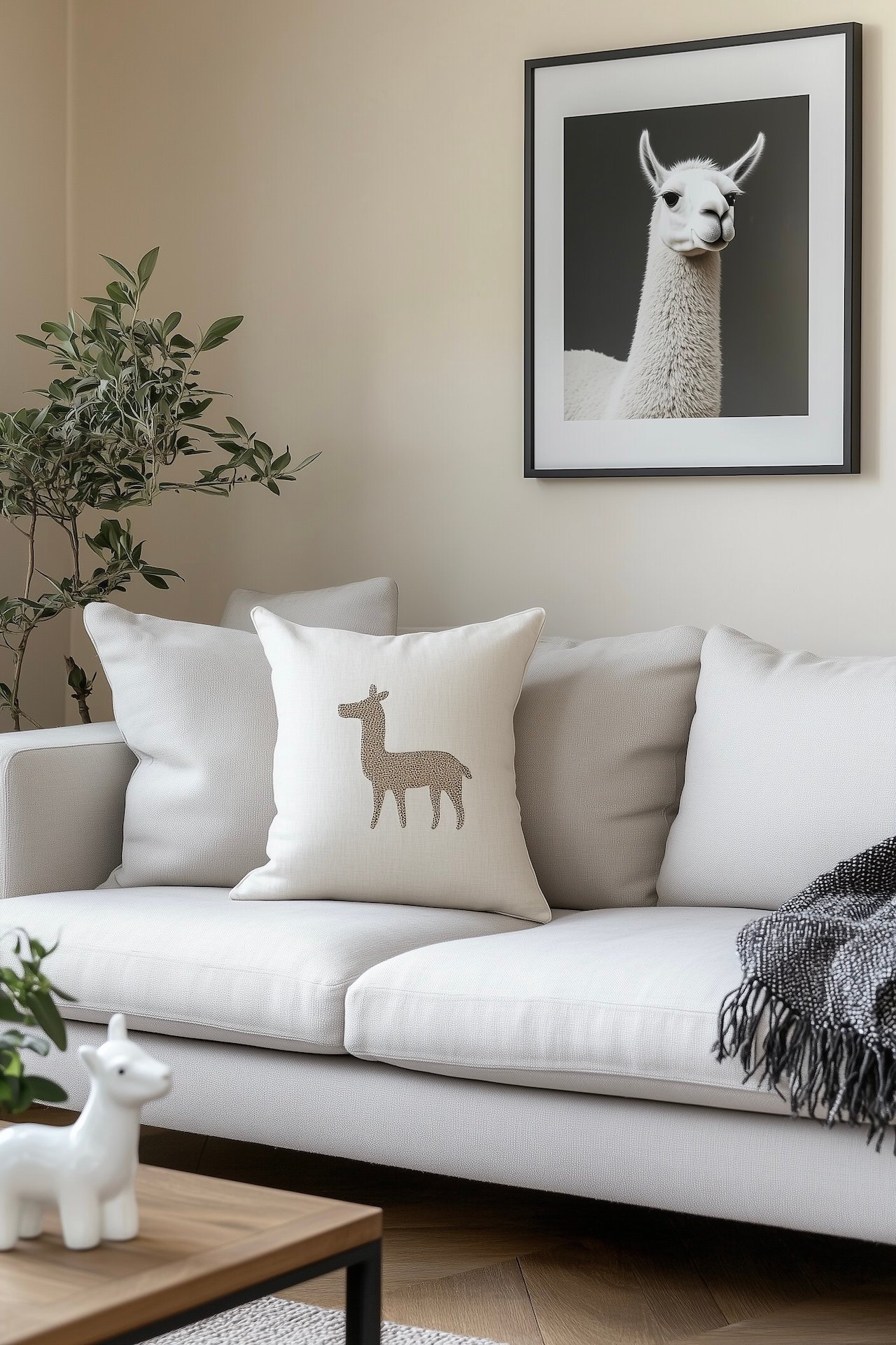 Salon aux tons neutres avec canapé beige recouvert d'un plaid en lin blanc, coussin en lin écru brodé d'une silhouette de lama dorée, portrait photographique d'un alpaga en teintes sépia dans un cadre noir fin, vase blanc avec branche de feuillage et cruche en céramique blanche
