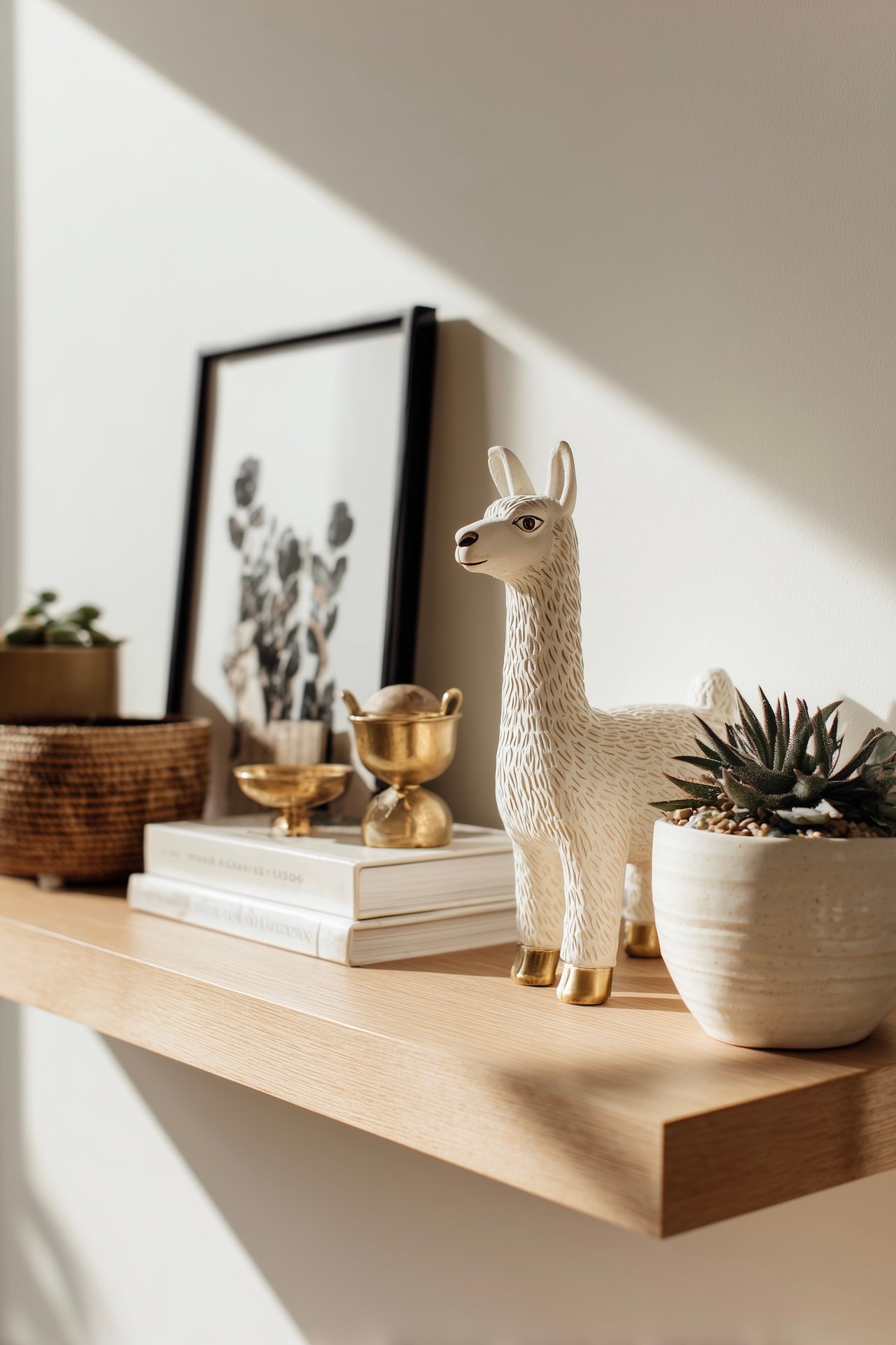 Statuette de alpaca en céramique blanche texturée aux sabots dorés sur une étagère en chêne, accompagnée d'une illustration de cactus encadrée en noir, d'une coupelle en laiton, d'une succulente en pot grès et de livres empilés, lumière douce d'après-midi