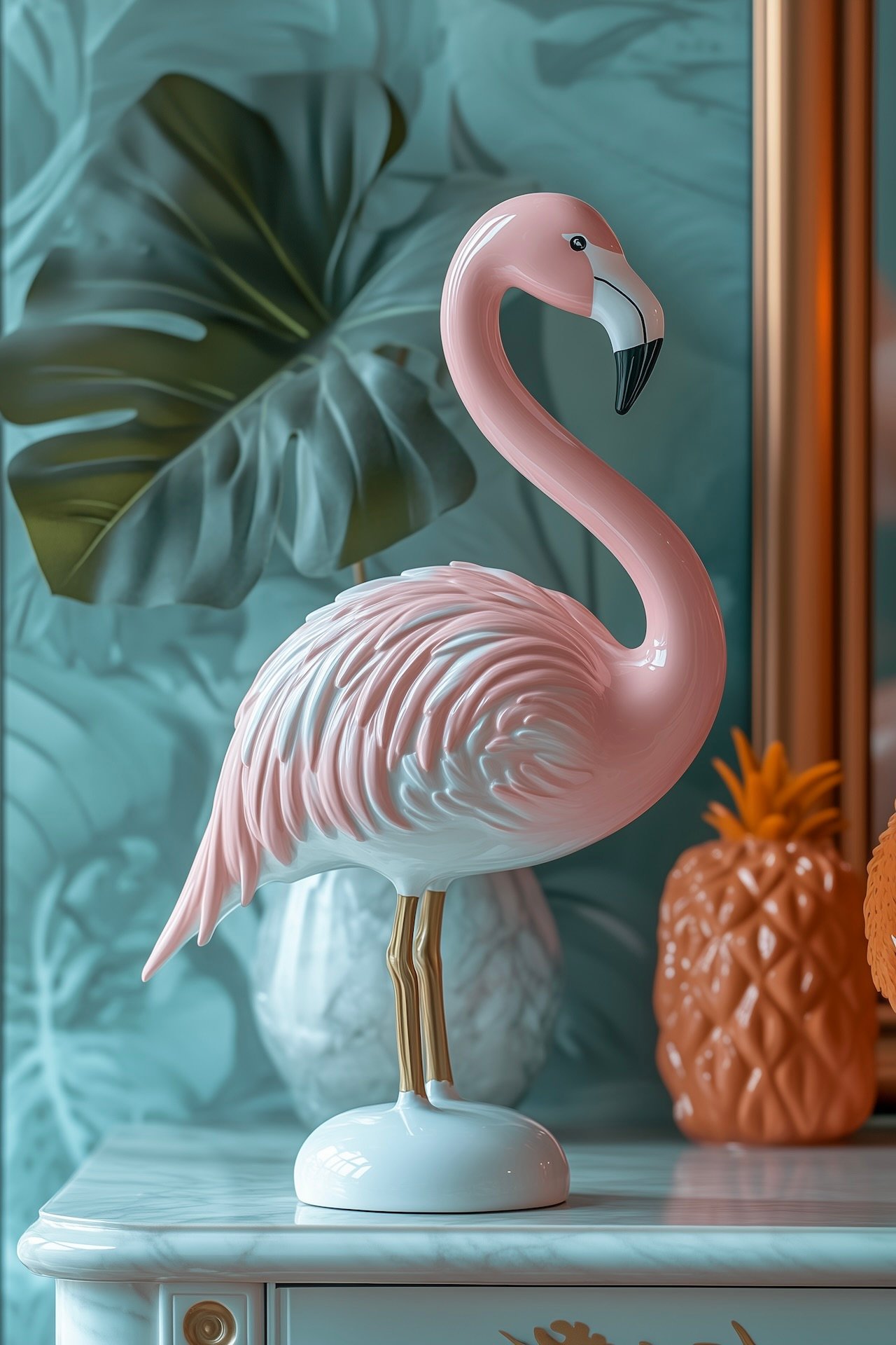 statuette flamant rose décoration vert menthe cheminée marbre