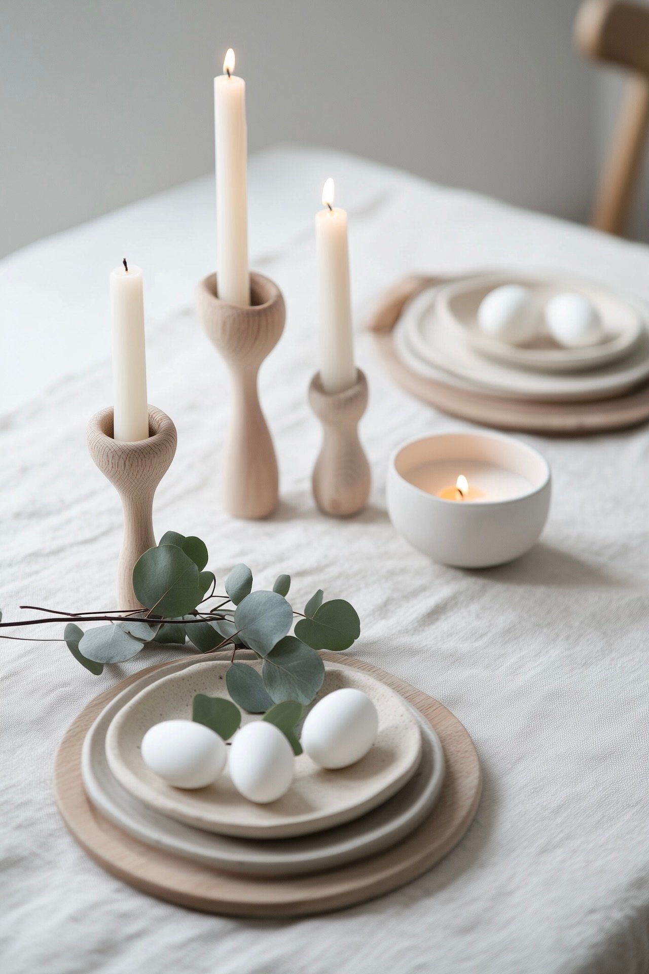 table scandinave minimaliste bois bougies petit-déjeuner