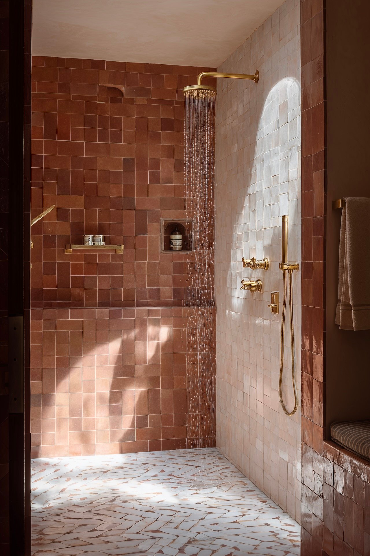 Douche à l'italienne habillée de zellige terracotta fait main avec joints apparents et robinetterie dorée, sol en carrelage géométrique blanc et terracotta
