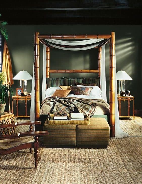 chambre tropicale refuge lit bois plantes vert foncé