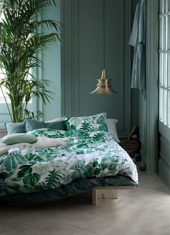 mur bleu turquoise sobre chambre tropicale