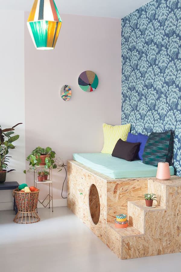 espace jeu chambre enfant couleur pastel rose mint meuble osb coin lecture