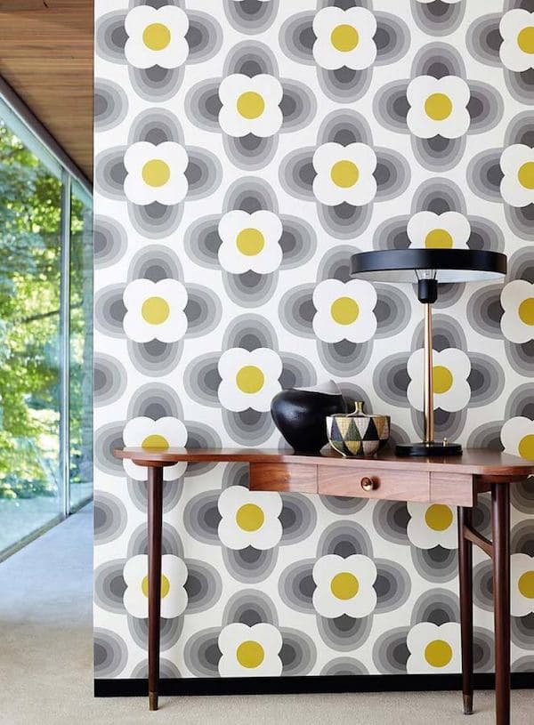 papier peint des années 70 psychedelique fleur volume dessin noir blanc jaune