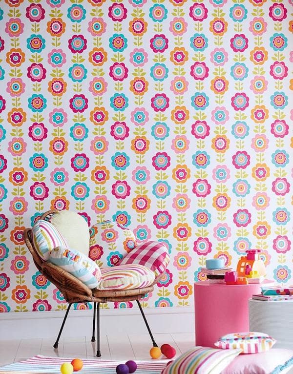 chambre enfant papier peint des années 70 multicolore pop dessin fleur