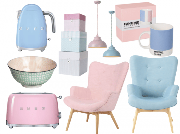 Sélection d’objets déco dans les tons rose poudré et bleu pastel