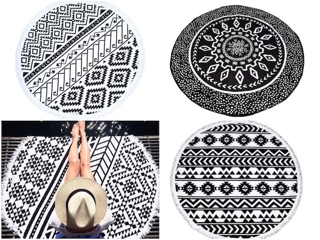 serviette de plage ronde noire et blanche motif ethnique bon plan