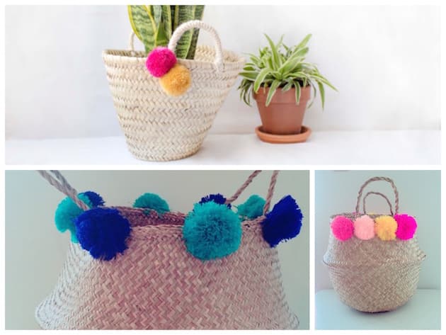 Panier tressé décoré de pompons colorés