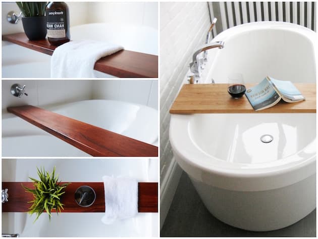 Plateau de baignoire en bois avec livre, tasse et accessoires