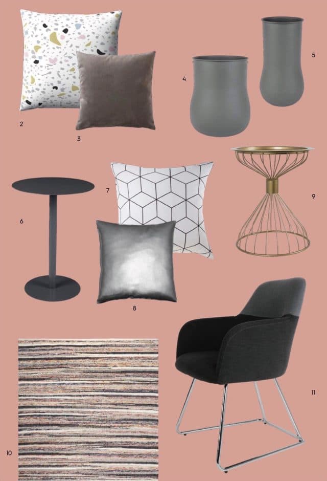Salon coloré avec coussin terrazzo, textiles graphiques et accessoires décoratifs
