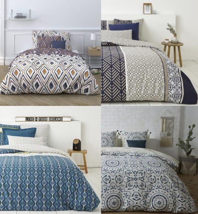 Linge de lit bleu avec motifs graphiques inspirés des carreaux de ciment