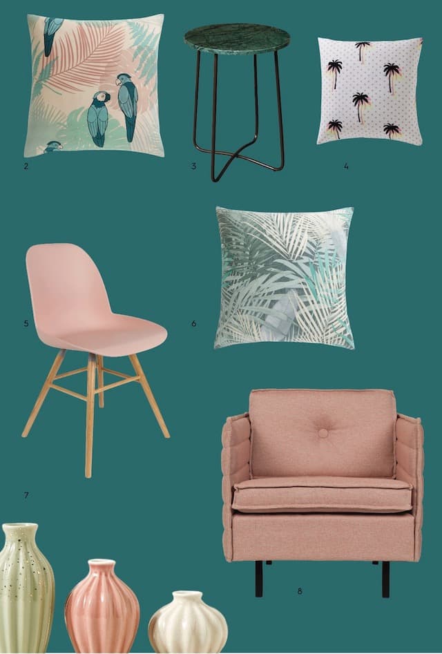 Décoration tropicale avec bleu canard, rose poudré et motifs de feuillage