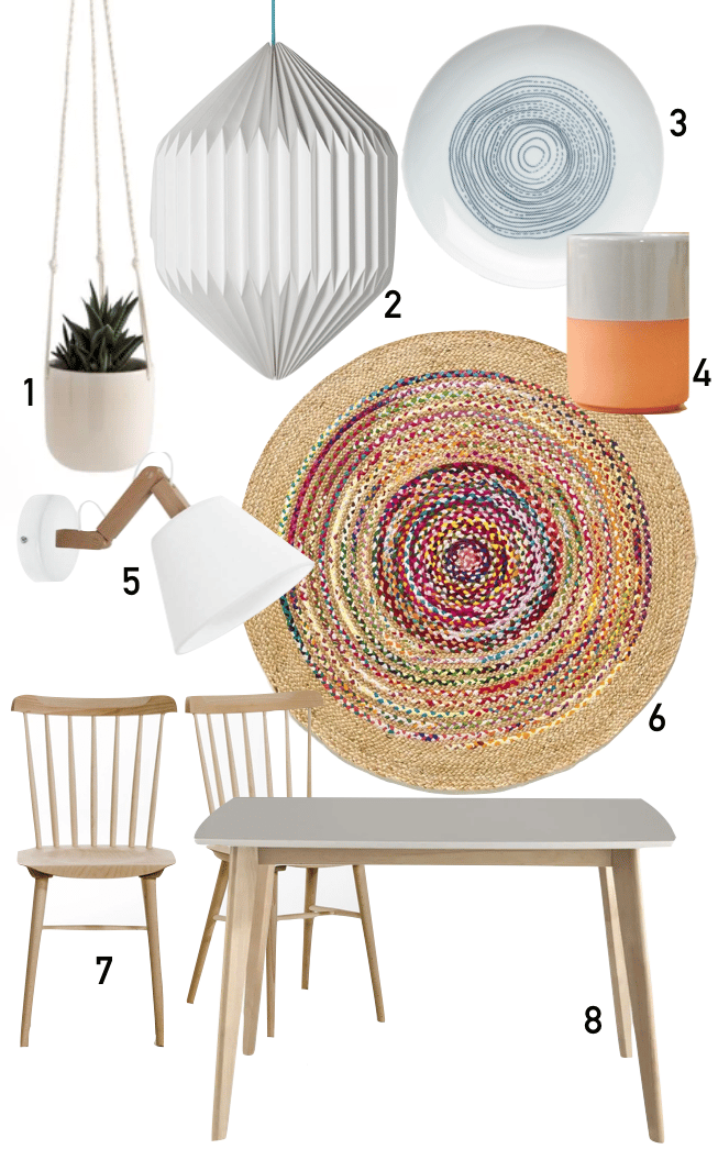 shopping liste studio 18m2 table chaise bois tapis rotin coloré applique murale blanc pot de fleur luminaire papier assiette verre terre cuite - blog déco - clemaroundthcorner