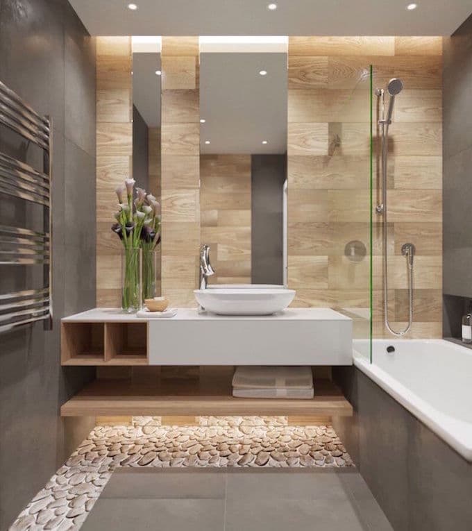 tapis petites pierres salle de bain theme nature bois carrelage taupe - blog déco - clem around the corner