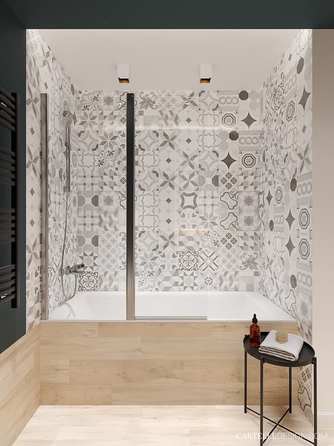 baignoire carreaux de ciment diy coffrage bois peinture murale vert foncé