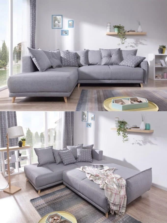 Canapé Lena Bobochic gris en L avec angle ouvert et méridienne