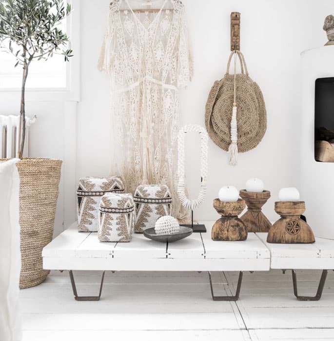 table basse bois déco bohémienne chic herbes de la pampa