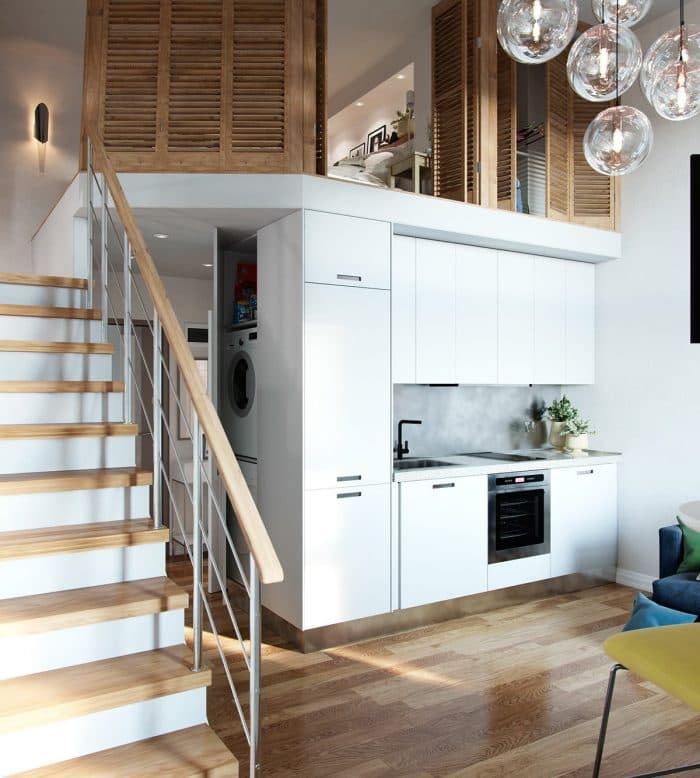 studio duplex cuisine ouverte industrielle blanche
